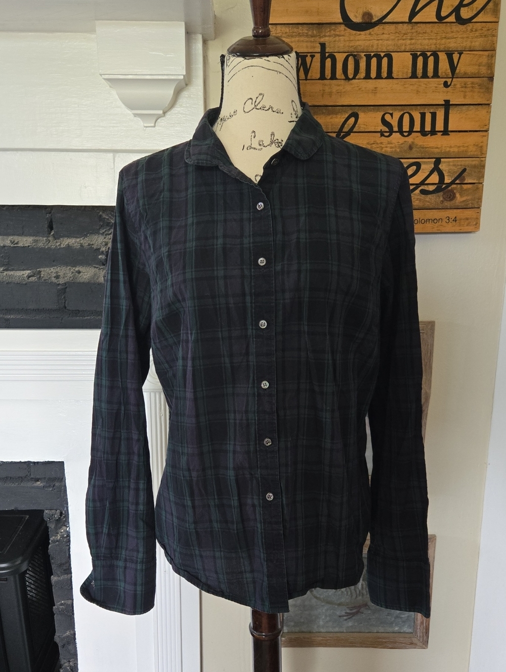 J. Crew Black and Dark Green Plaid Button-Up Shirt